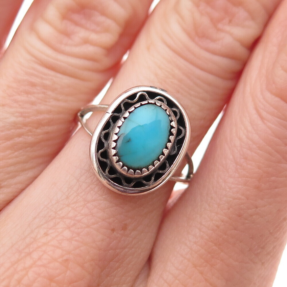 Old Pawn 925 Sterling Silver Vintage Southwestern Turquoise Floral Ring Size 6.5